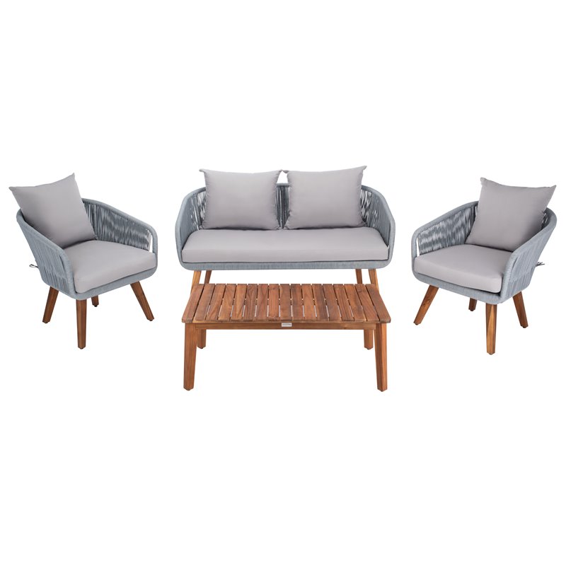 Safavieh Prester 4-Piece Acacia Wood Living Set in Gray Rope/Gray Cushion