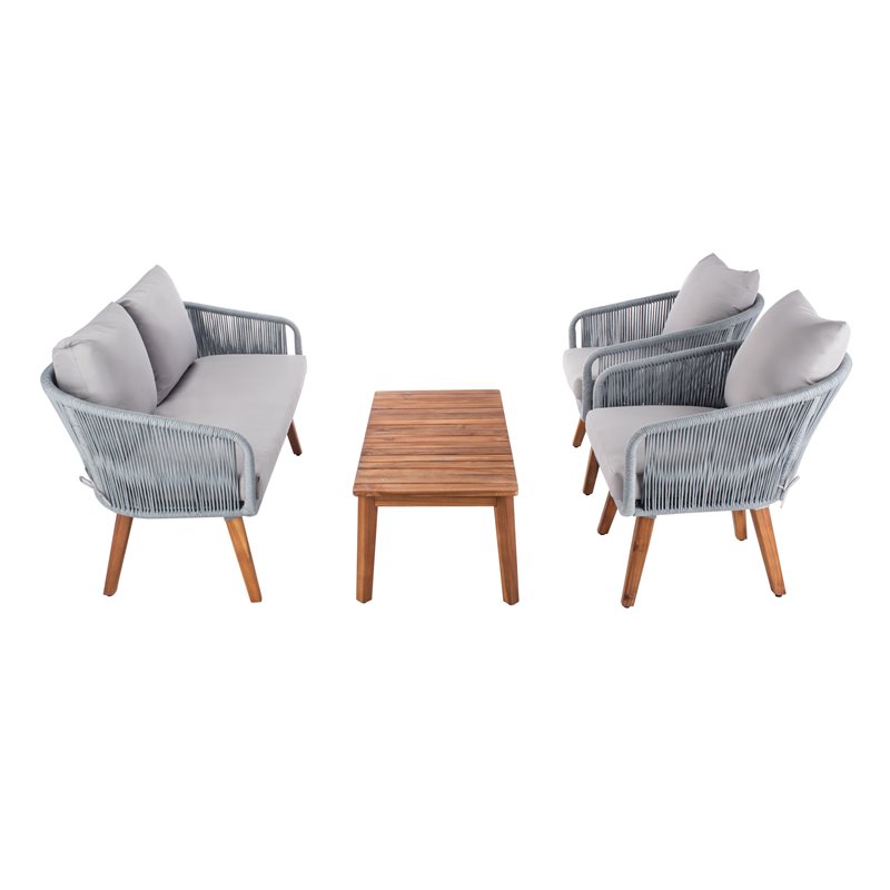 Safavieh Prester 4-Piece Acacia Wood Living Set in Gray Rope/Gray Cushion