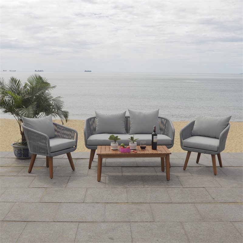 Safavieh Prester 4-Piece Acacia Wood Living Set in Gray Rope/Gray Cushion