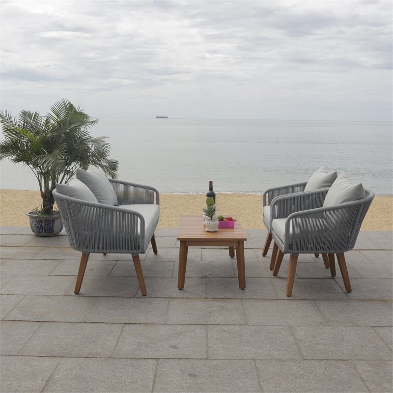 Safavieh Prester 4-Piece Acacia Wood Living Set in Gray Rope/Gray Cushion