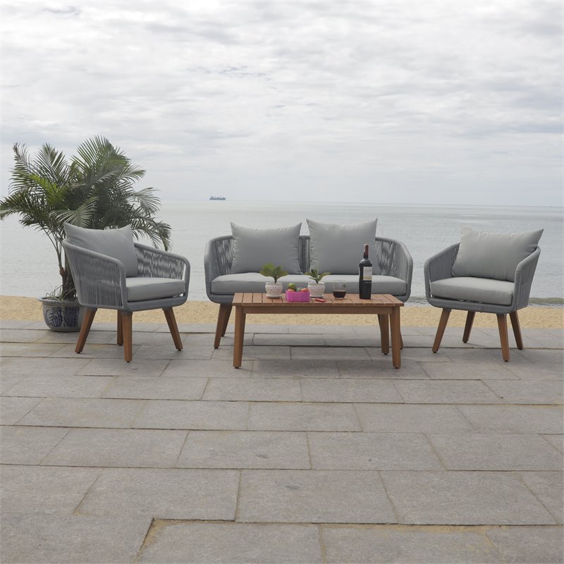 Safavieh Prester 4-Piece Acacia Wood Living Set in Gray Rope/Gray Cushion