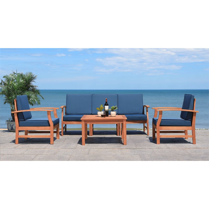 Safavieh Parcer 4-Piece Wood/Polyester Outdoor Living Set in Natural/Navy