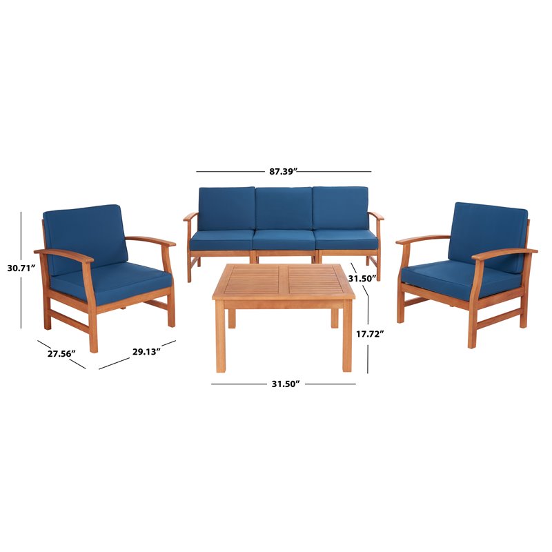 Safavieh Parcer 4-Piece Wood/Polyester Outdoor Living Set in Natural/Navy