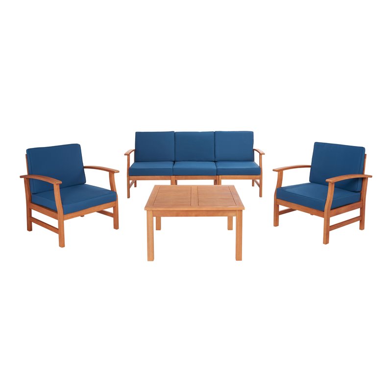 Safavieh Parcer 4-Piece Wood/Polyester Outdoor Living Set in Natural/Navy