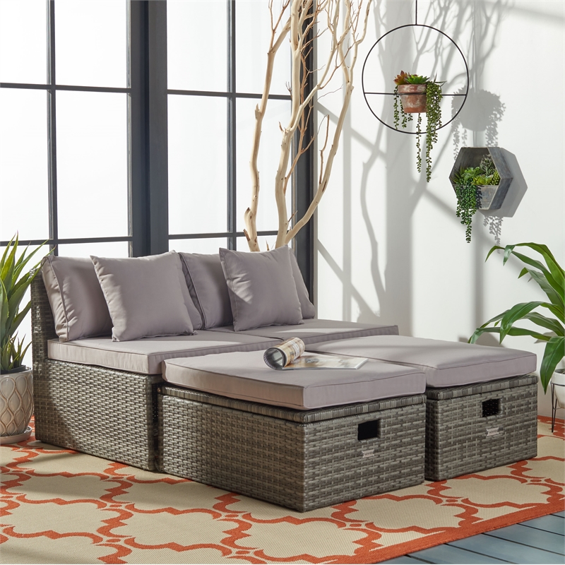 Safavieh Pramla Wicker/Steel Outdoor Settees with Ottoman in Gray (Set of 2)