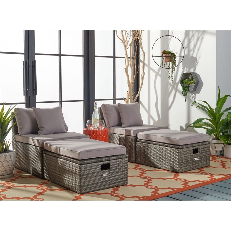 Safavieh Pramla Wicker/Steel Outdoor Settees with Ottoman in Gray (Set of 2)