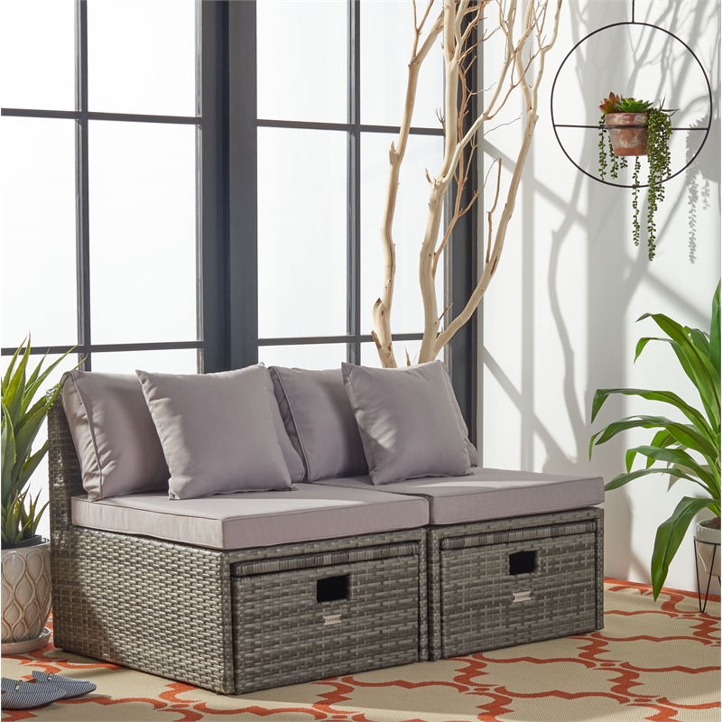 Safavieh Pramla Wicker/Steel Outdoor Settees with Ottoman in Gray (Set of 2)