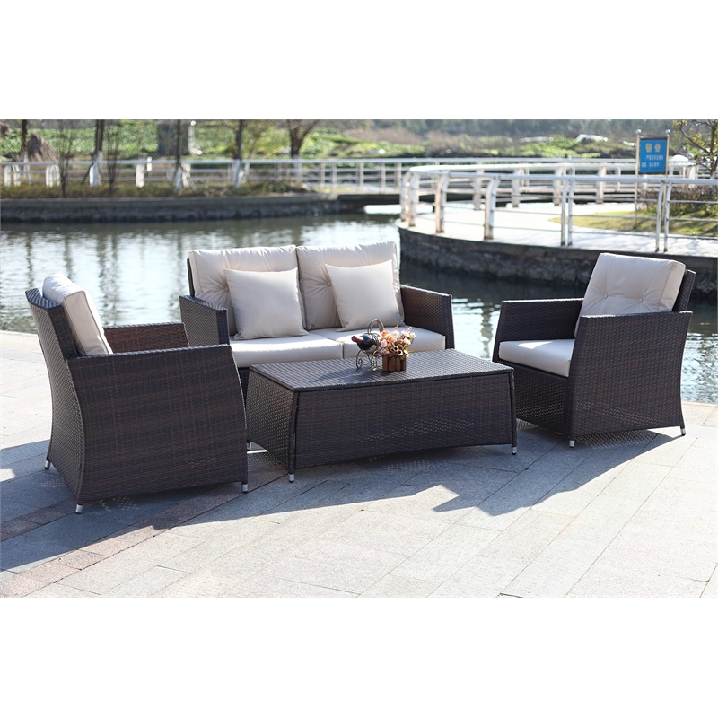 Safavieh Parry 4-Piece Rattan Outdoor Living Set in Brown and Beige