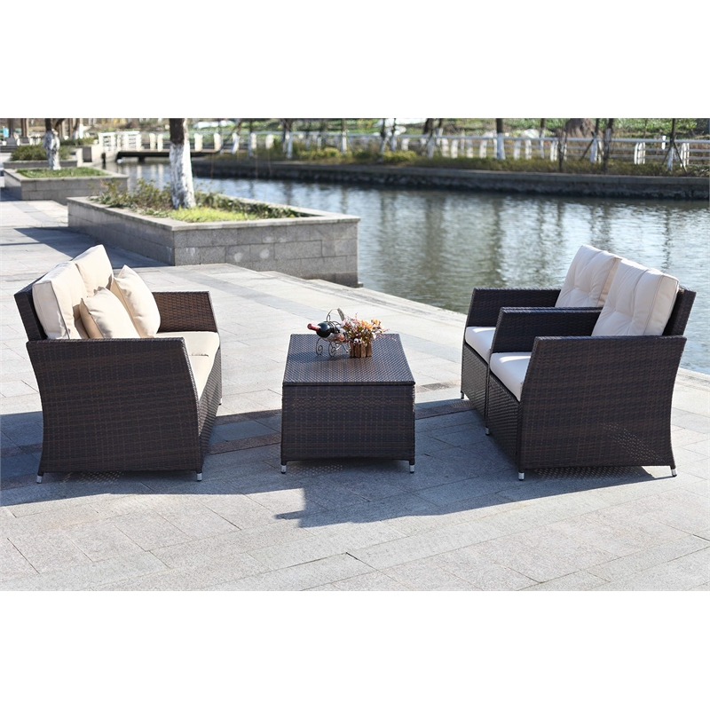 Safavieh Parry 4-Piece Rattan Outdoor Living Set in Brown and Beige