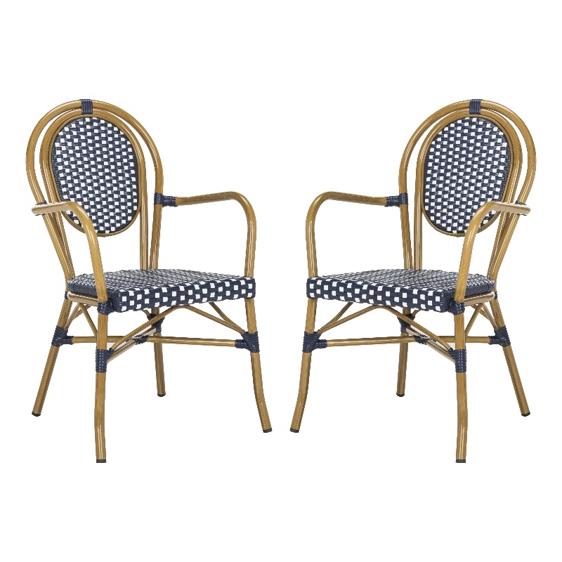 Safavieh Rosen Wicker / Rattan Outdoor Arm Chairs in Navy and White (Set of 2)