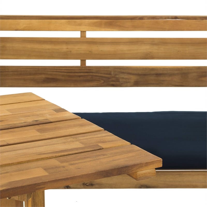 Safavieh Wilton Acacia Wood Outdoor Balcony Corner Lounge Set in Natural/Navy