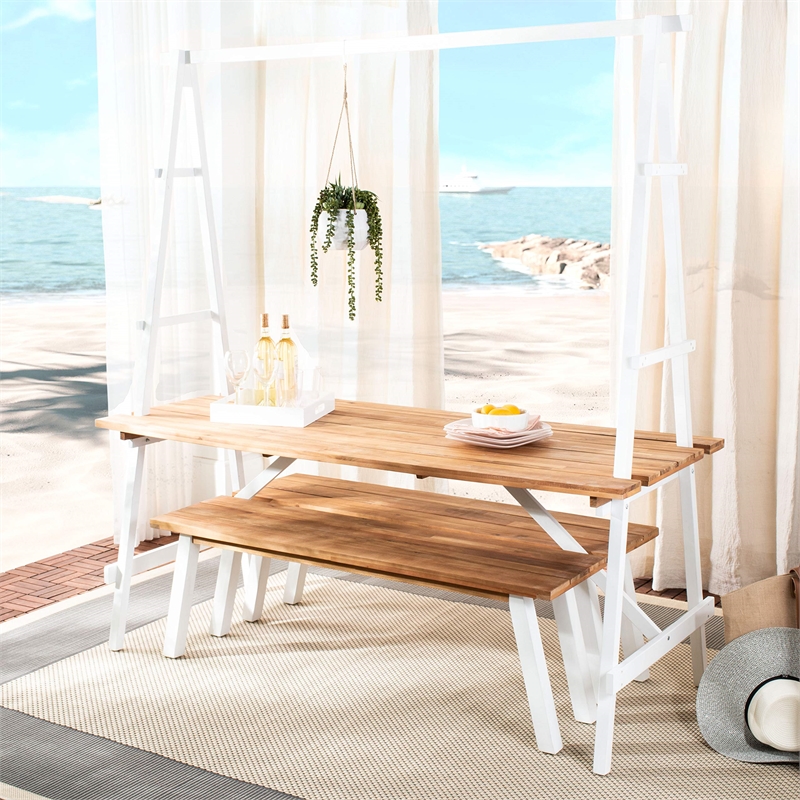 Safavieh Willamy 3-Piece Acacia Wood Outdoor Dining Set in Natural and White