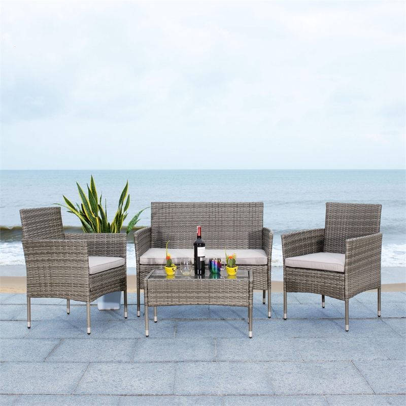 Safavieh Abdul 4-Piece Polyester Wicker/Steel Outdoor Living Set in Gray