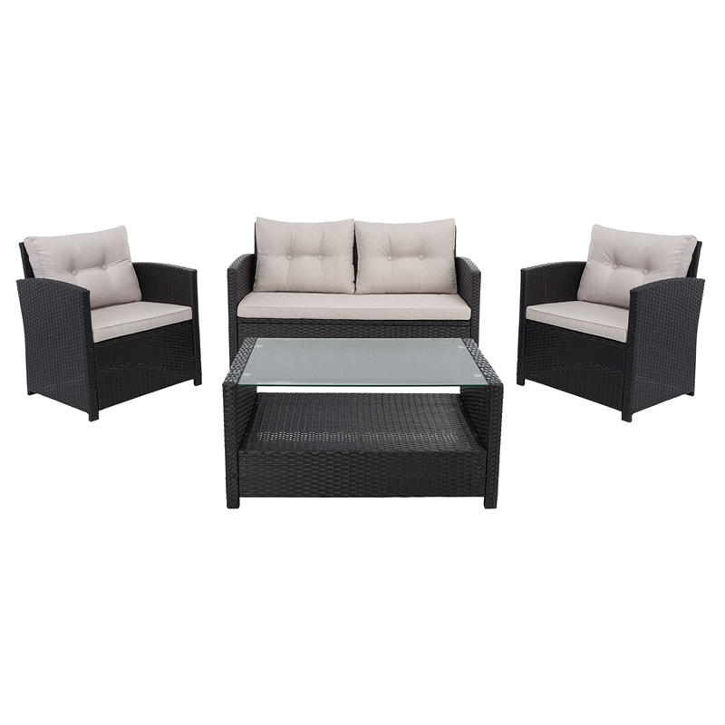 Safavieh Vellor 4-Piece Polyester Wicker/Steel Outdoor Living Set in Black/Beige