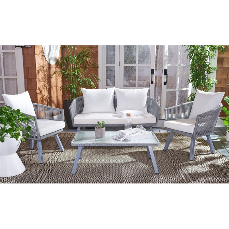 Safavieh Belmi 4-Piece Steel Metal Outdoor Living Set in Gray Rope/Beige