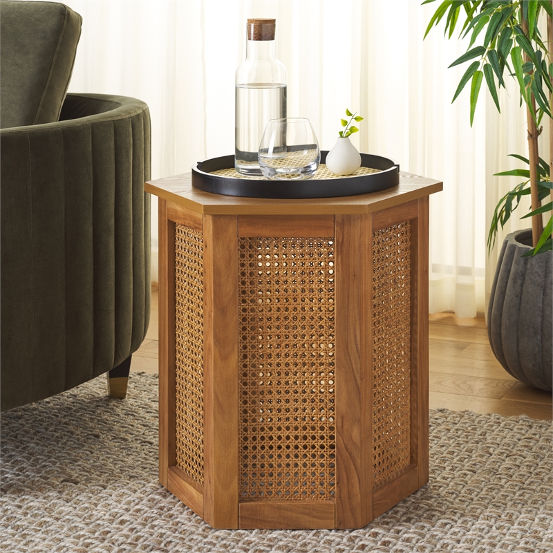 Danez Hexagon Elm Wood and Rattan/Wicker Accent Table in Natural