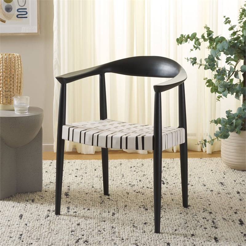 Safavieh Baden Teak Wood and  Leather Accent Chair in White / Black