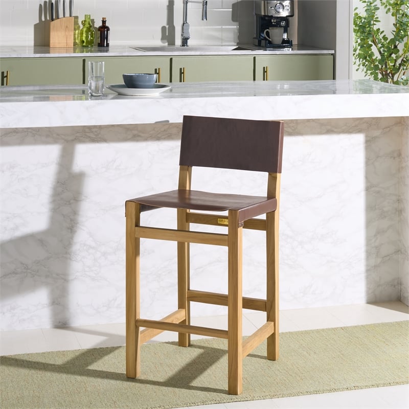 Safavieh Romee Wood and Leather Counter Stool in Amber /Natural