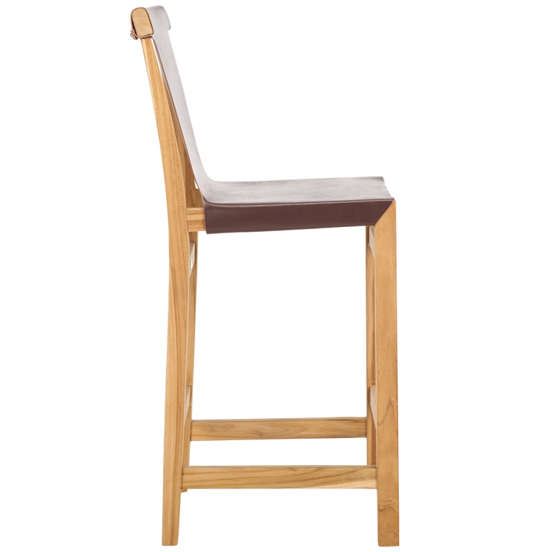 Safavieh Arian Teak and Leather Counter Stool in Brown / Natural