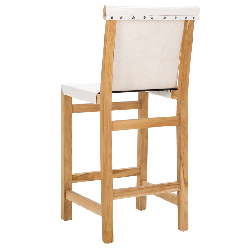 Safavieh Arian Teak and Leather Counter Stool in White / Natural