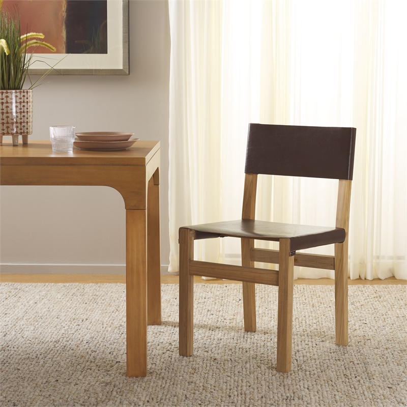 Safavieh Romee Teak and Leather Dining Chair in Brown / Natural