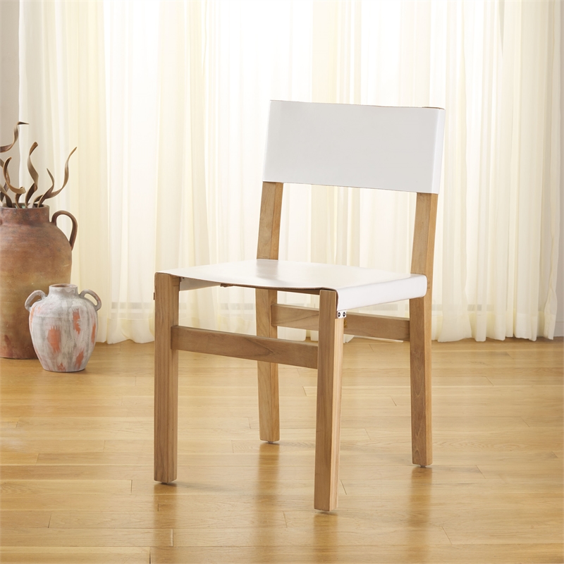 Safavieh Romee Teak and Leather Dining Chair in White / Natural
