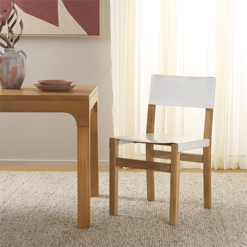 Safavieh Romee Teak and Leather Dining Chair in White / Natural