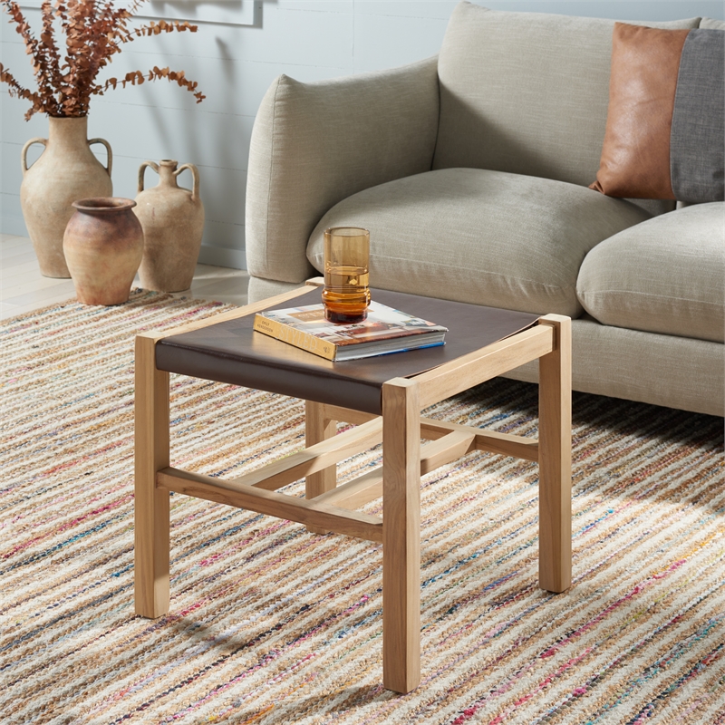 Safavieh Solana Teak and Leather Ottoman in Brown / Natural