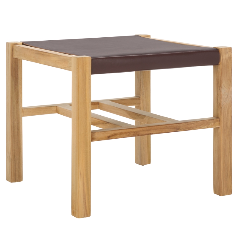 Safavieh Solana Teak and Leather Ottoman in Brown / Natural
