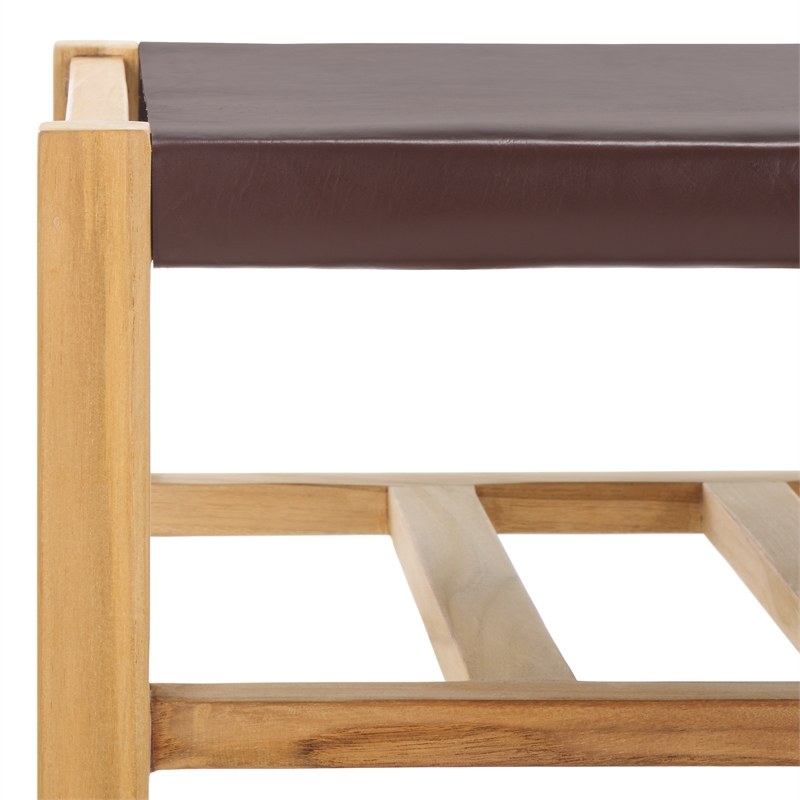 Safavieh Solana Teak and Leather Ottoman in Brown / Natural