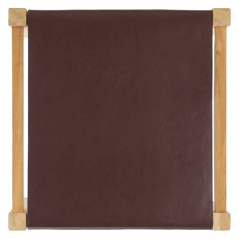 Safavieh Solana Teak and Leather Ottoman in Brown / Natural