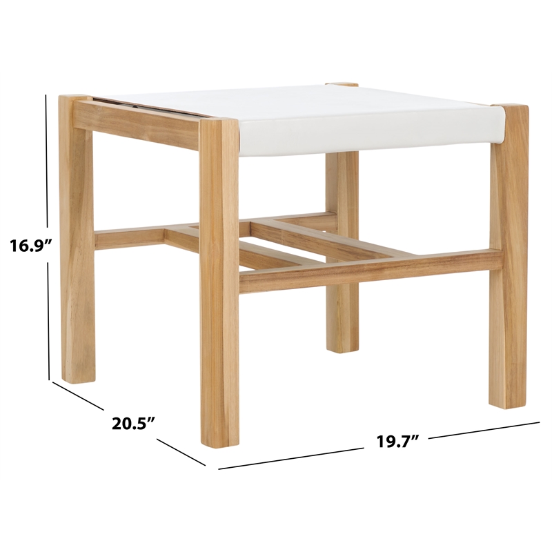 Safavieh Solana Teak  and Leather Ottoman in White / Natural
