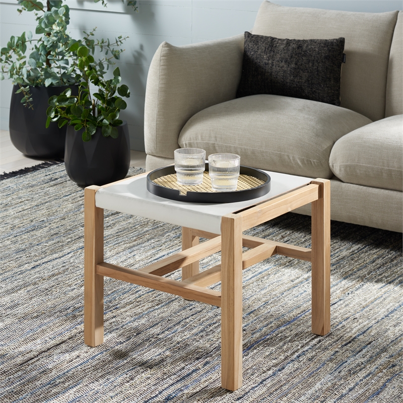 Safavieh Solana Teak  and Leather Ottoman in White / Natural
