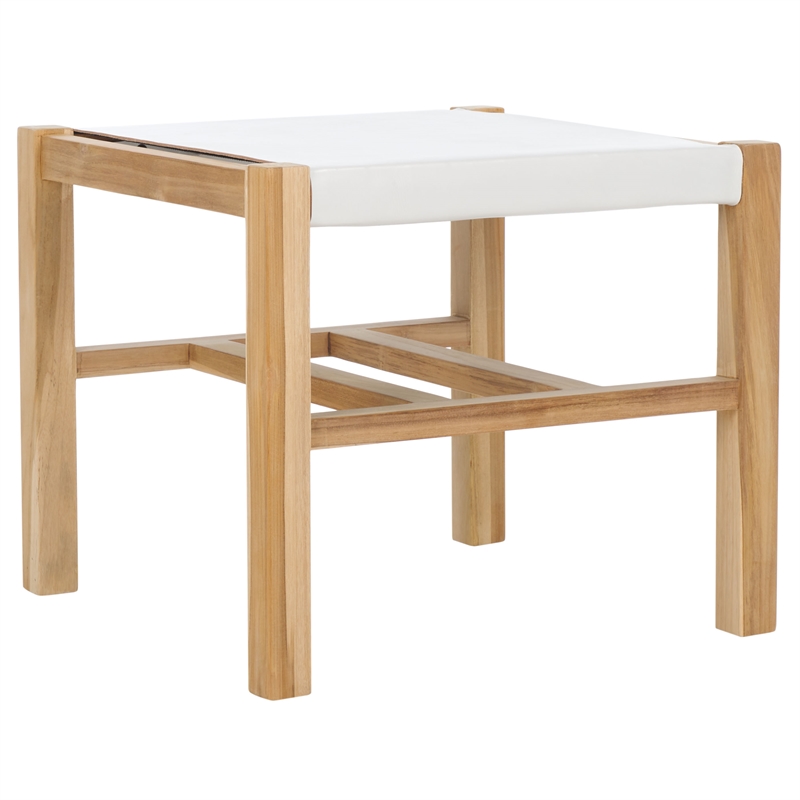 Safavieh Solana Teak  and Leather Ottoman in White / Natural