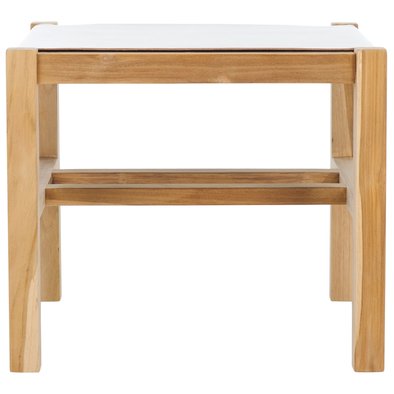 Safavieh Solana Teak  and Leather Ottoman in White / Natural