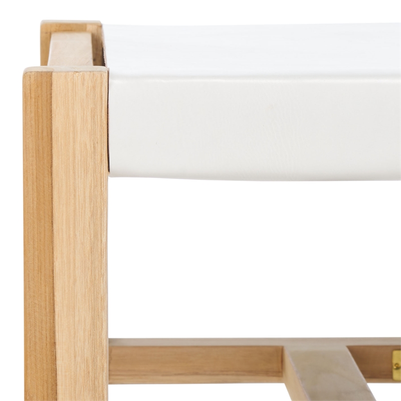 Safavieh Solana Teak  and Leather Ottoman in White / Natural