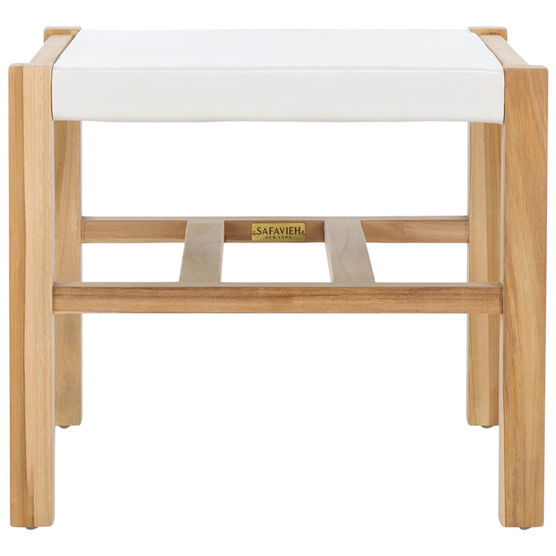 Safavieh Solana Teak  and Leather Ottoman in White / Natural
