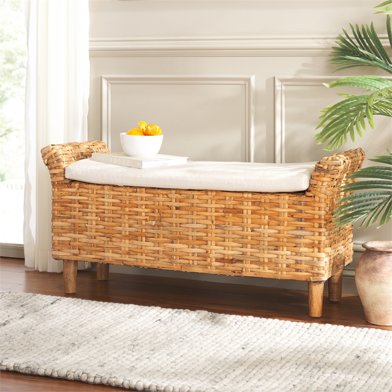Safavieh Palermo Wood and Rattan Bench in White / Natural