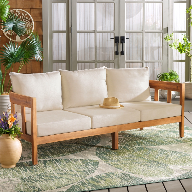 Safavieh Owen Teak Wood  and Polyester Sofa in Natural / Taupe