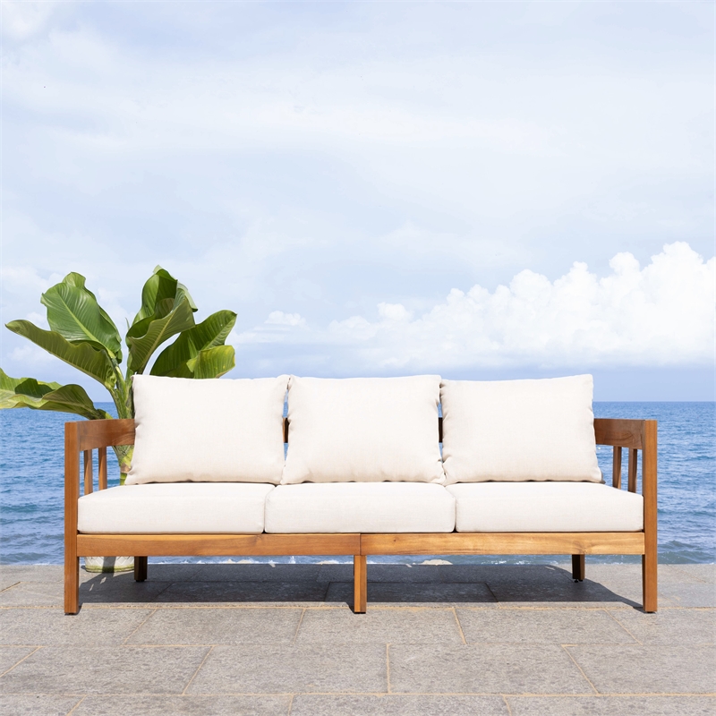 Safavieh Owen Teak Wood  and Polyester Sofa in Natural / Taupe