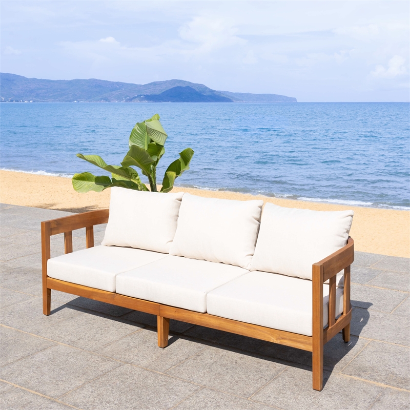 Safavieh Owen Teak Wood  and Polyester Sofa in Natural / Taupe