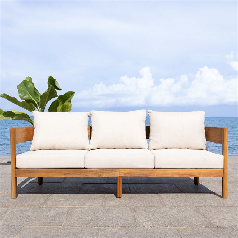 Safavieh Theo  Teak Wood and  Polyester Sofa in Natural / Taupe