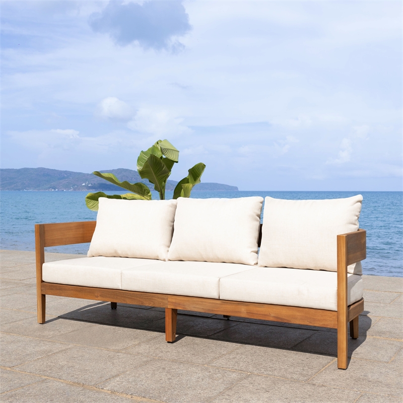 Safavieh Theo  Teak Wood and  Polyester Sofa in Natural / Taupe