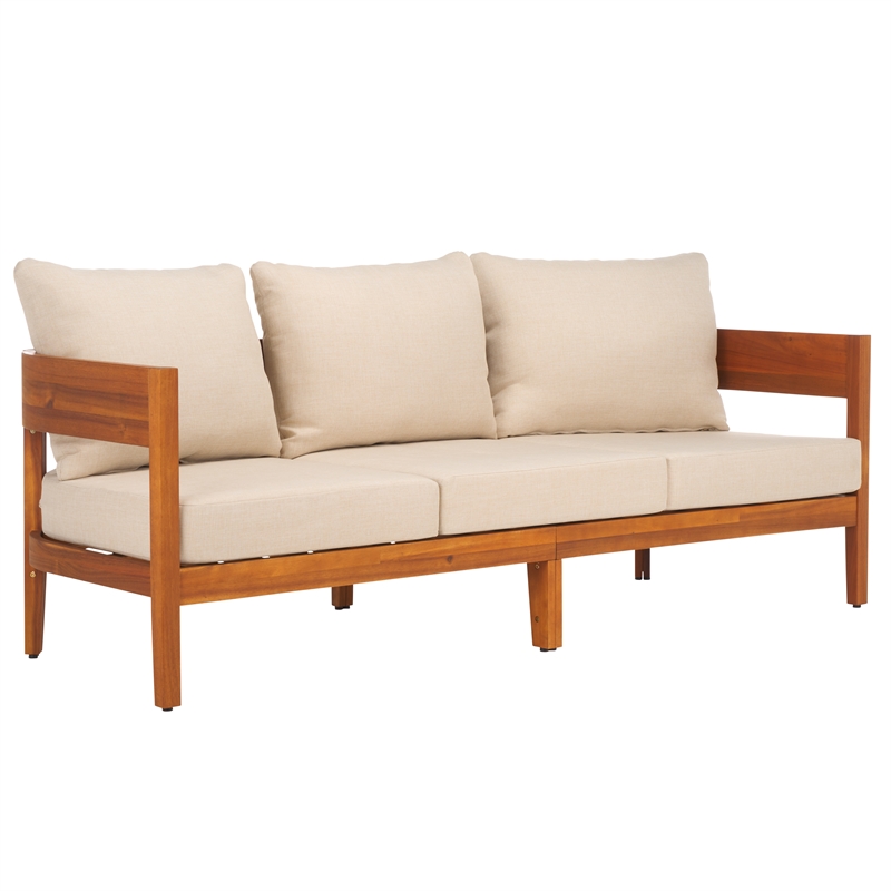 Safavieh Theo  Teak Wood and  Polyester Sofa in Natural / Taupe