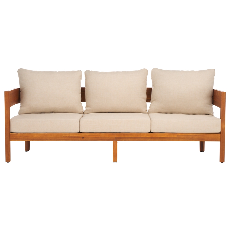 Safavieh Theo  Teak Wood and  Polyester Sofa in Natural / Taupe