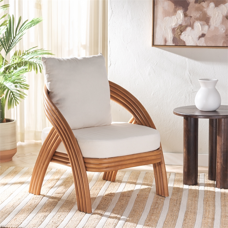 safavieh demarco rattan and linen  accent chair in natural / white