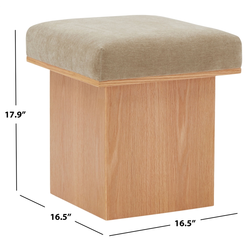 Safavieh Bourke Pine Wood and Velvet  Ottoman in Light Brown / Natural