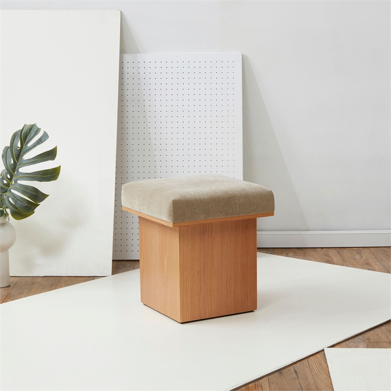 Safavieh Bourke Pine Wood and Velvet  Ottoman in Light Brown / Natural