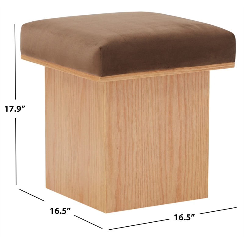Safavieh Bourke Pine Wood and Velvet  Ottoman in Brown / Natural