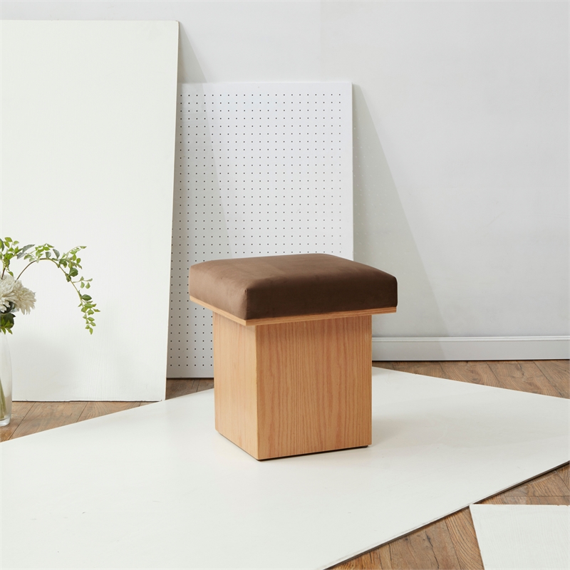 Safavieh Bourke Pine Wood and Velvet  Ottoman in Brown / Natural